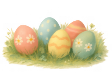 Decorated easter eggs nestled in green grass, celebrating spring holidays and new beginnings, transparent background