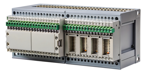 A detailed close-up of a programmable logic controller module used in industrial automation