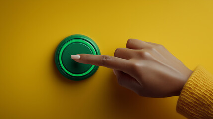 A close-up of a hand about to press a green button against a vibrant orange-yellow background, showcasing a playful interaction with bold colors.