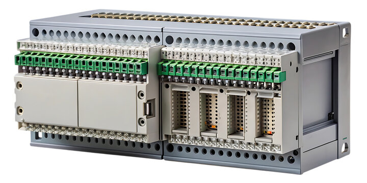 A detailed close-up of a programmable logic controller module used in industrial automation