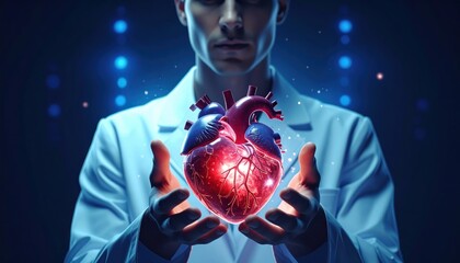 Doctor presenting glowing anatomical heart with futuristic blue light in dark medical laboratory setting