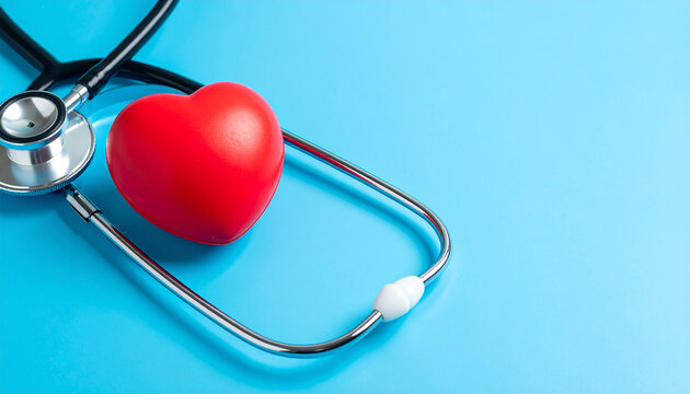 Red heart and stethoscope on blue backdrop. Healthcare and affection. Cardiology, health checkup