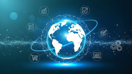 Global Business Technology Network World Map Blue Background Copy Space