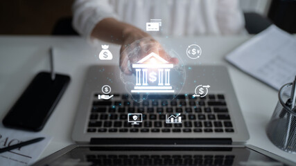 Concept of digital banking and global financial services. A network of secure online transactions, currency exchange, and money management for the international economy. Fermion