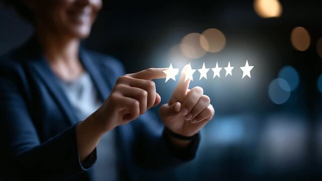 Faceless business user giving five star rating on digital interface defocused customer satisfaction background service quality evaluation positive user experience feedback