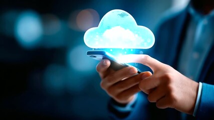 Faceless businessman using smartphone with digital transformation icons defocused cloud computing background data analytics visualization global technology network innovation - Powered by Adobe