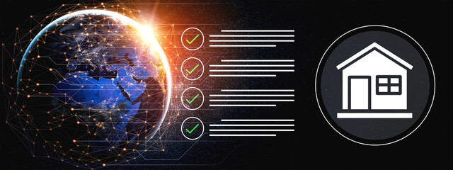 Digital illustration of a globe with home delivery services, featuring check marks, emphasizing efficiency and connectivity in modern logistics and transport systems. Gantry