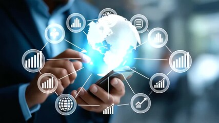 Faceless businessman using smartphone with digital transformation icons defocused cloud computing background data analytics visualization global technology network innovation - Powered by Adobe