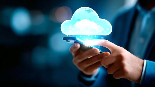 Faceless businessman using smartphone with digital transformation icons defocused cloud computing background data analytics visualization global technology network innovation