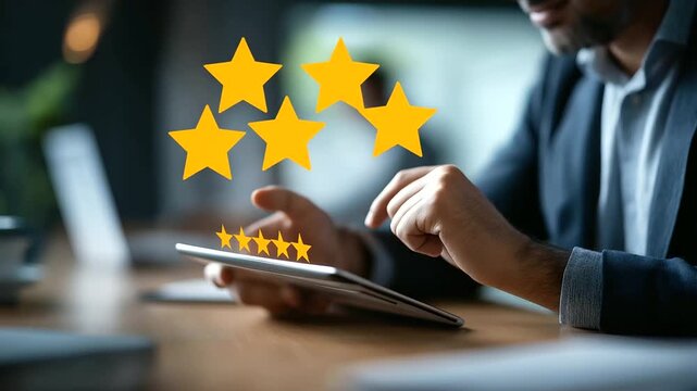 Faceless business user giving five star rating on digital interface defocused customer satisfaction background service quality evaluation positive user experience feedback