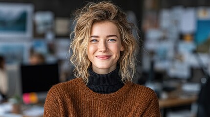 Female designer stands in modern office, smiling while surrounded by design elements and a creative workspace during daylight hours