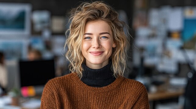 Female designer stands in modern office, smiling while surrounded by design elements and a creative workspace during daylight hours - Powered by Adobe