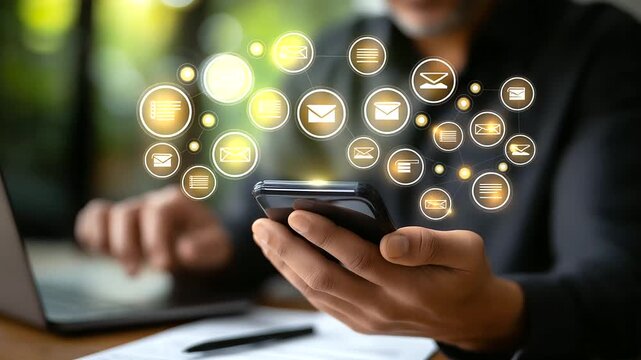 Digital procurement concept faceless businessperson using smartphone defocused contracts invoices approvals background supply chain management interface vendor management