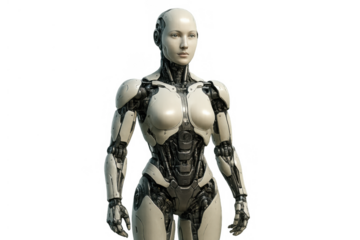 Female android robot standing with transparent background, representing artificial intelligence and future technology