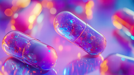 Close-up view of vibrant purple pills, reflecting a mesmerizing glow AI Generative