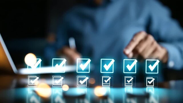 Faceless hand selecting digital approval check mark defocused checklist background document icons visible business process interface workflow management system authorization