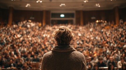 Audience engaged in learning during a lecture in a university setting with many students taking notes and discussing ideas at a bright time of day