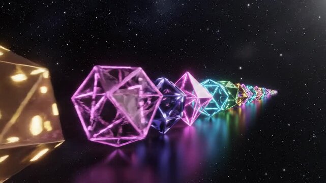 A spectrum of glowing geometric crystals arranged in a sequence against a starry cosmic background, symbolizing the universal language of scientific discovery and innovation.