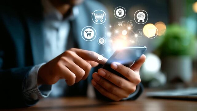 Faceless businessman using smartphone for digital payment defocused fintech icons background secure online shopping interface e commerce transaction processing mobile banking
