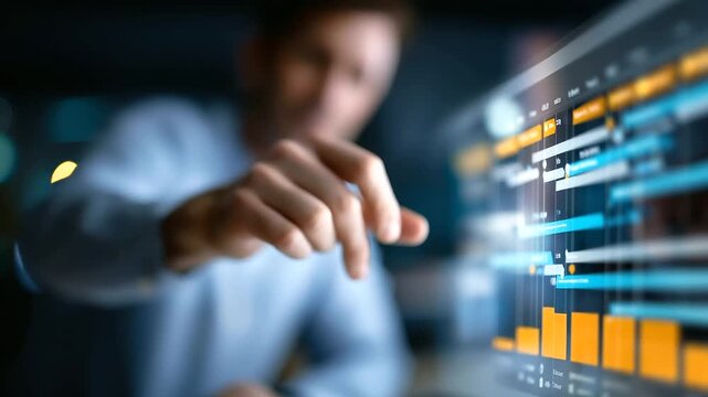 Faceless user interacting with digital project management dashboard defocused Gantt chart background activities timeline visible progress tracking interface task scheduling vis
