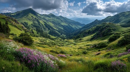 Fototapeta premium Green mountains under blue sky with wild flowers in grass meadow during daytime