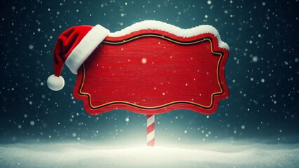 Red wooden signpost with glowing border and Santa hat in snow. Christmas greeting card design with blank space for message. Happy New Year.