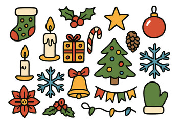 Fototapeta premium Christmas celebrations flat icon set. featuring tree, stocking, ornament, candle, gift, holly, and snowflake icons