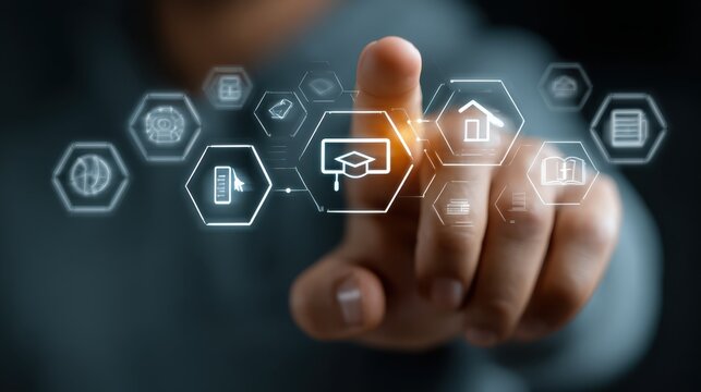 Online education and e-learning concept with digital interface and virtual icons for remote learning and personal development - Powered by Adobe