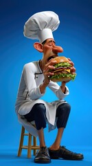 Un chef cuisinier de dessin anim&eacute; assis sur un tabouret mangeant un hamburger, dans un style caricatural sur fond bleu.	