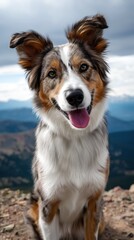 Un chien de race berger australien, portrait en gros plan, au sommet d'une montagne, avec un ciel nuageux et des montagnes en arri&egrave;re-plan.
