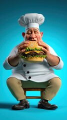 Un chef cuisinier de dessin anim&eacute; mangeant un hamburger, assis dans un style caricatural amusant sur fond bleu.