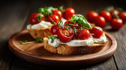 Une bruschetta, plat italien embl&eacute;matique, garnie de mozzarella et de tomates cerises, dans une assiette en bois, vue en gros plan, lumi&egrave;re naturelle accentuant les couleurs et les textures.