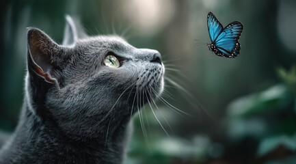 Un chat gris regardant un papillon bleu voler, couleurs cin&eacute;matographiques, &eacute;clairage naturel arri&egrave;re-plan flou.