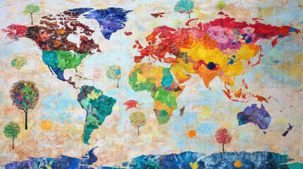 Fototapeta premium A vibrant, colorful world map, showcasing a diverse palette of countries and continents, accented with small, artistic trees AI Generative