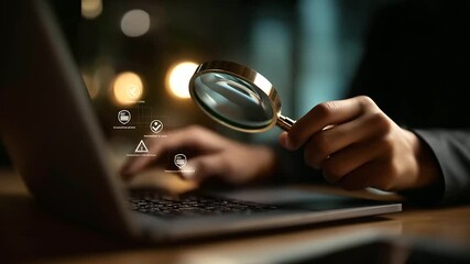 Faceless hand using magnifying glass inspecting laptop screen defocused warning and check icons background system monitoring interface debugging process error detection - Powered by Adobe