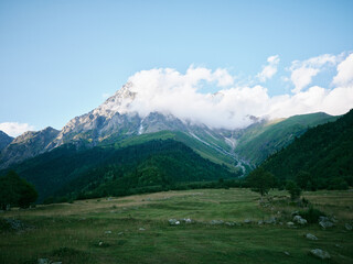 Obraz premium Mountain landscape with green meadow in foreground, forested slopes and dramatic clouds above rugged peaks, wide valley scene perfect for nature travel and outdoor exploration