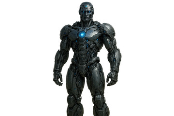 Fototapeta premium Advanced humanoid robot standing, featuring glowing blue eyes and chest reactor, artificial intelligence technology concept