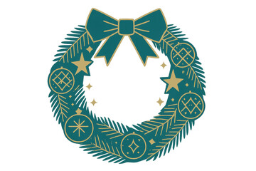 Christmas wreath featuring teal pine branches, golden stars, baubles, and ribbon bow, symbolizing holiday spirit and festive celebration. Transparent background