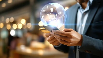 Faceless businessman using smartphone for digital payment defocused fintech icons background secure online shopping interface e commerce transaction processing mobile banking - Powered by Adobe