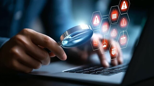 Faceless hand using magnifying glass inspecting laptop screen defocused warning and check icons background system monitoring interface debugging process error detection