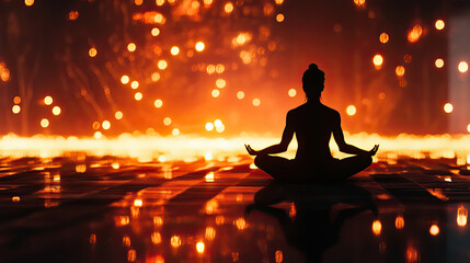 A person meditating in a serene environment with a soft, warm glow. The silhouette shows the peaceful practice of meditation AI Generative