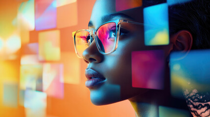 A portrait of a woman wearing glasses with an abstract background and colorful shapes and hues around her AI Generative