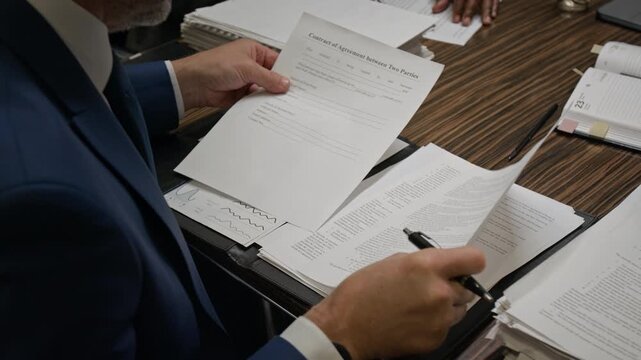 Over-shoulder shot of anonymous male corporate lawyer in blue suit sitting at table in meeting room, reviewing contract draft, making notes with pen, while preparing for court case
