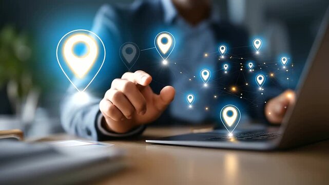 Faceless business person working on local SEO strategy defocused digital marketing icons background location targeting interface online visibility optimization local search ran