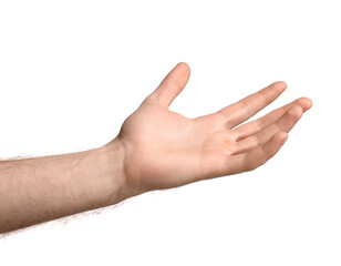 Man holding something on white background, closeup