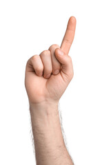 Man pointing at something on white background, closeup