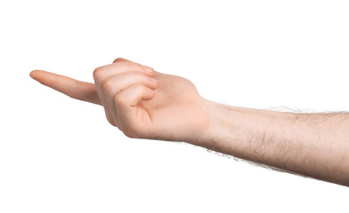 Man pointing at something on white background, closeup