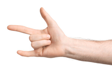 Man showing rock gesture on white background, closeup