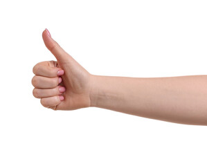 Woman showing thumbs up gesture on white background, closeup