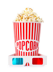 Tasty popcorn in paper cup and 3D glasses isolated on white